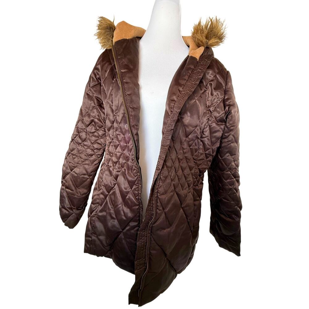 SKU3210 Liz Claiborne Lizwear Down Coat Brown Hood Faux Fur Trim XL zipper flaw